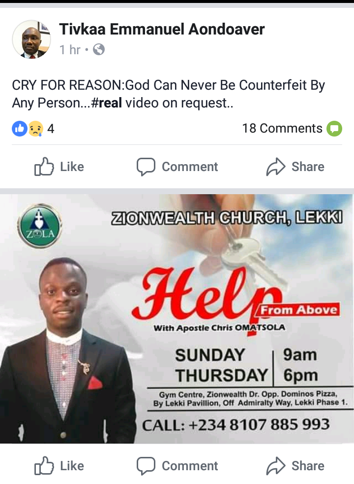 Poster of Apostle Omatsola's church shared along with the picture of him and his alleged mistress on Facebook.