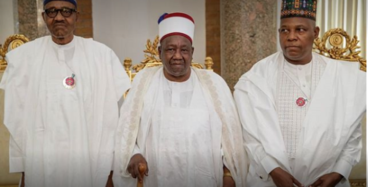 From left: Buhari, El-kanemi, and Governor Kashim Shettima of Borno State