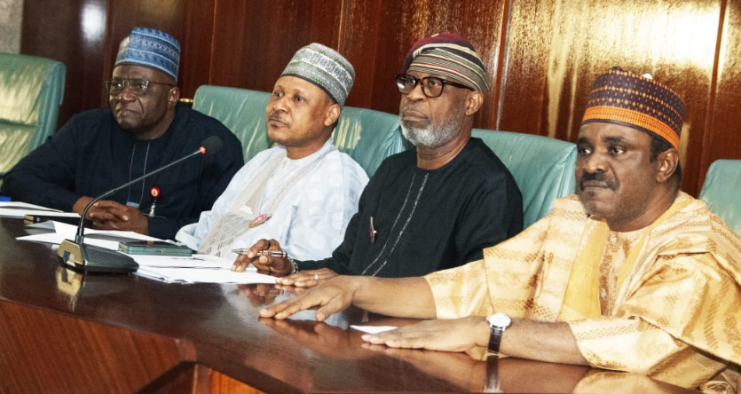 From Left: Special Adviser to the President on Information & Strategy, Bayo Onanuga, Minister of Information, Mohammed Idris, Minister of Solid Minerals and Chairman of Inter-Ministerial Committee, Dele Alake, Minister of Transportation, Saidu Alkali addressing State House Press Corps in Abuja on Presidential Intervention to reduce cost of public transport during the festive season